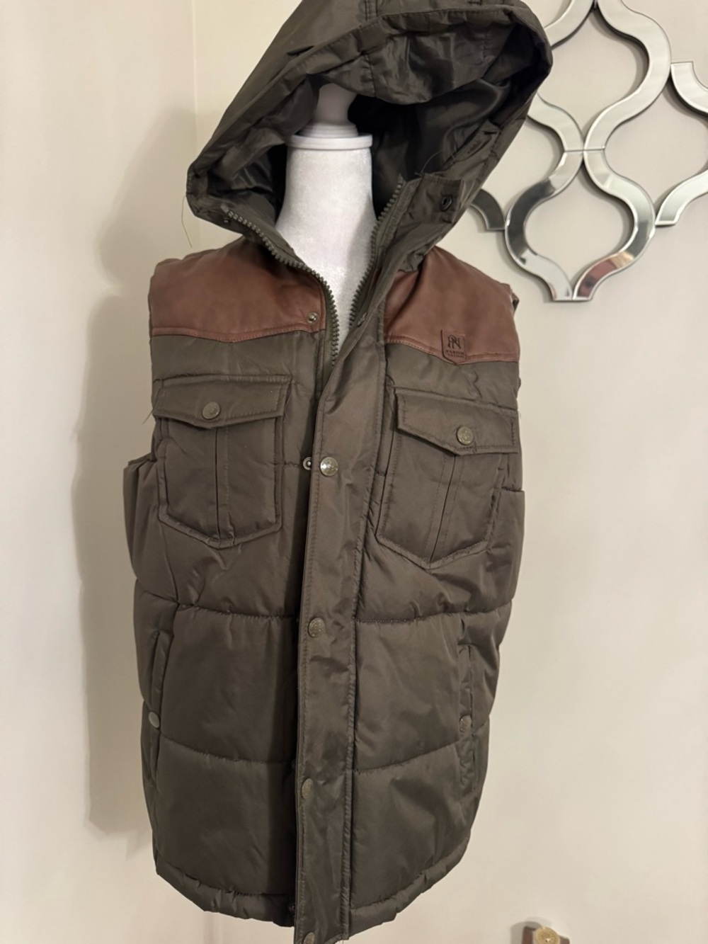 Men's Olive Quilted Hooded Vest with Brown Yoke